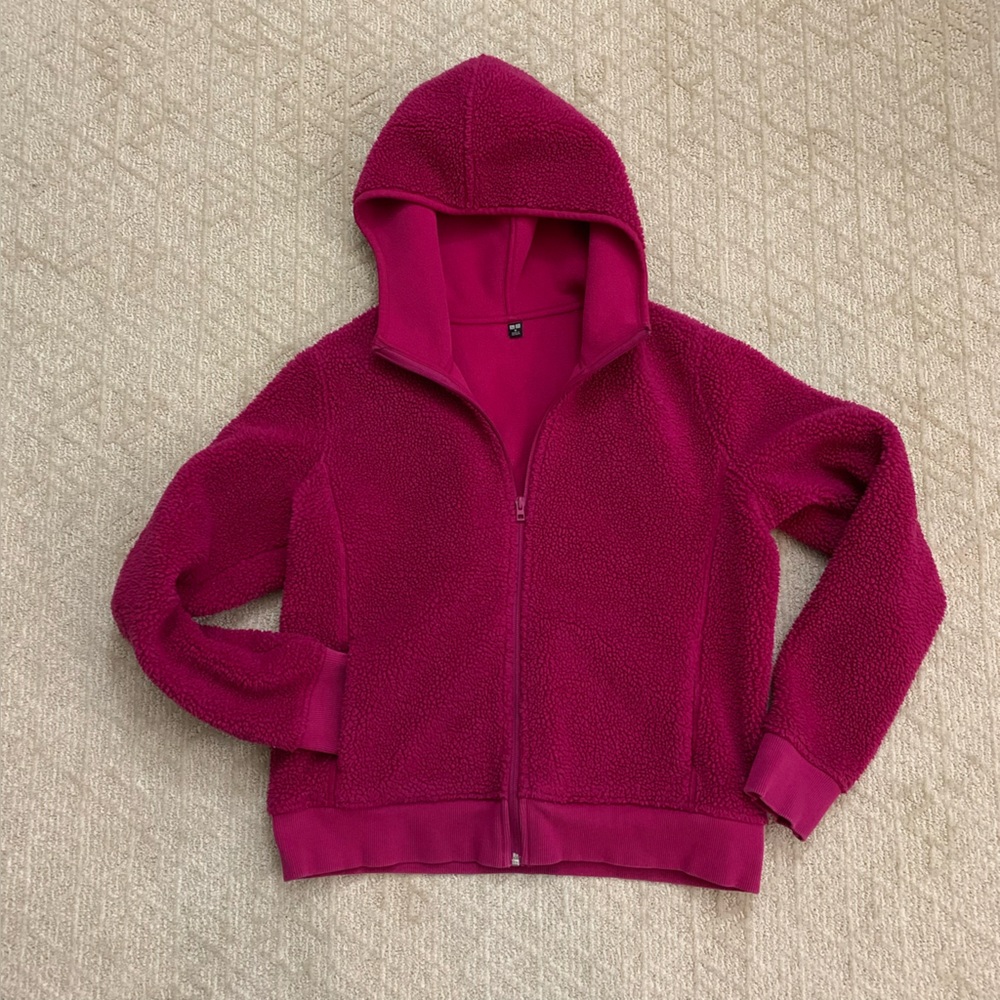 Uniqlo Hooded Jacket zip M Berry pink Sherpa fleece scuba material lining VTG